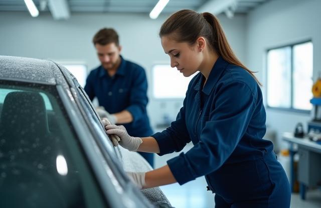 Sparkle Auto Spa team members working diligently on a car's exterior