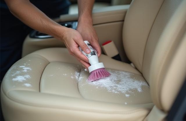 Professional cleaning of a car's beige leather seat interior