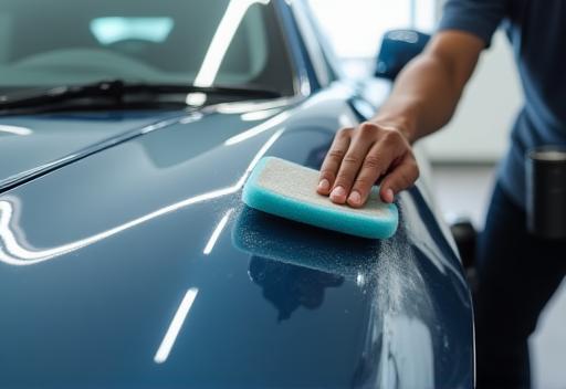 Professional applying ceramic coating to car paint for protection
