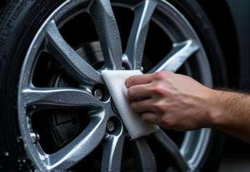 Close up view of cleaning car tire and alloy rim