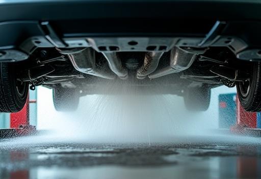 Technician cleaning car undercarriage with high-pressure water